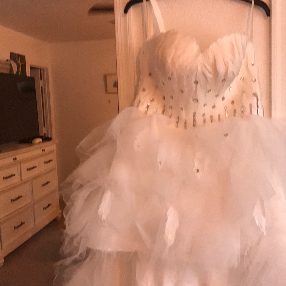 Feather strapless hi low embellished wedding dress